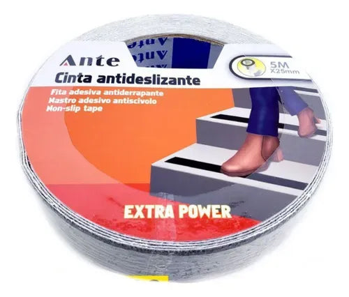 CINTA ANTIDESLIZANTE GRIS 5MT X 25MM ADHESIVA PARA PISO MARCA ANTEferreteria-online-barata